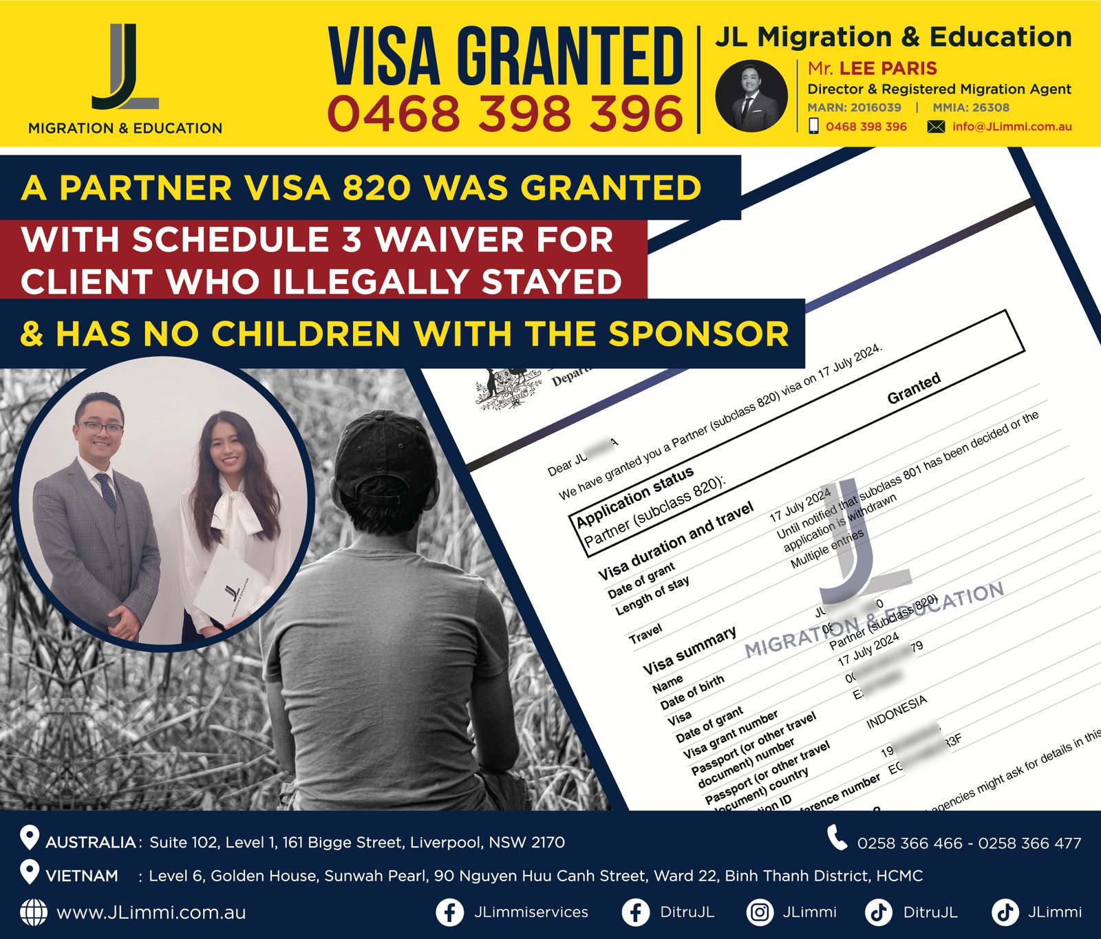 A partner visa subclass 820 was granted with schedule 3 waiver for client A partner visa subclass 820 was granted with schedule 3 waiver for client